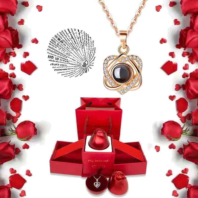 I Love You Necklace with Roses Gift Box