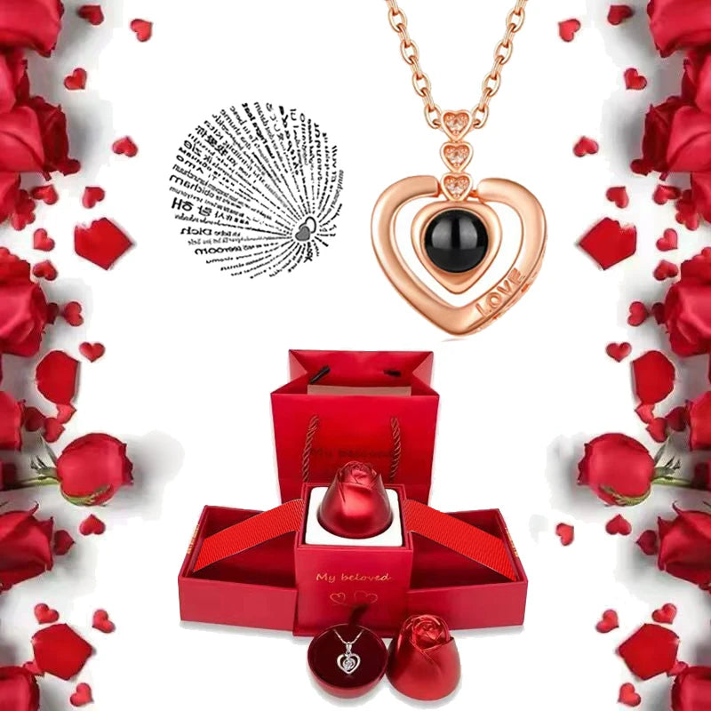 I Love You Necklace with Roses Gift Box