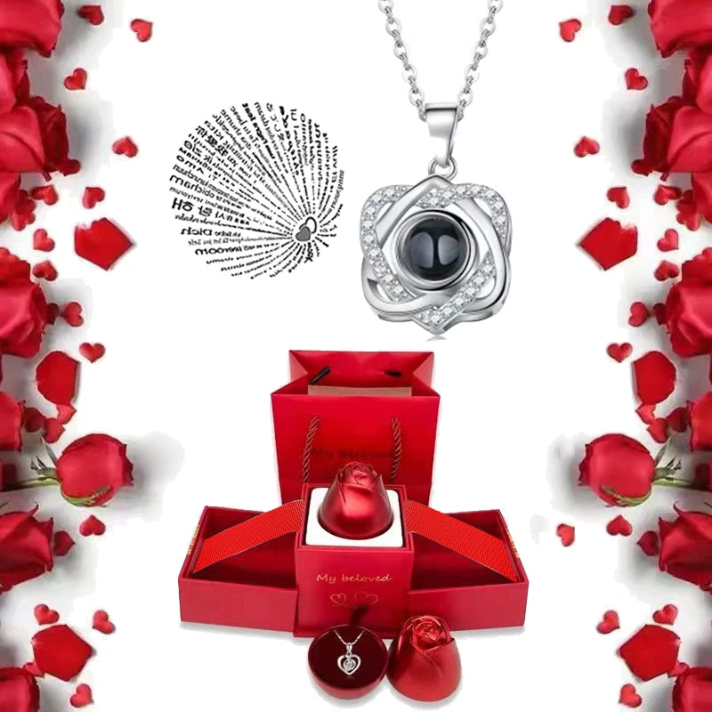 I Love You Necklace with Roses Gift Box