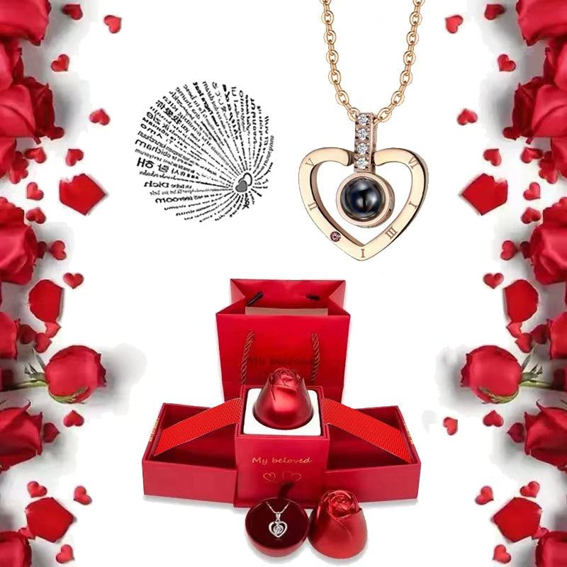I Love You Necklace with Roses Gift Box