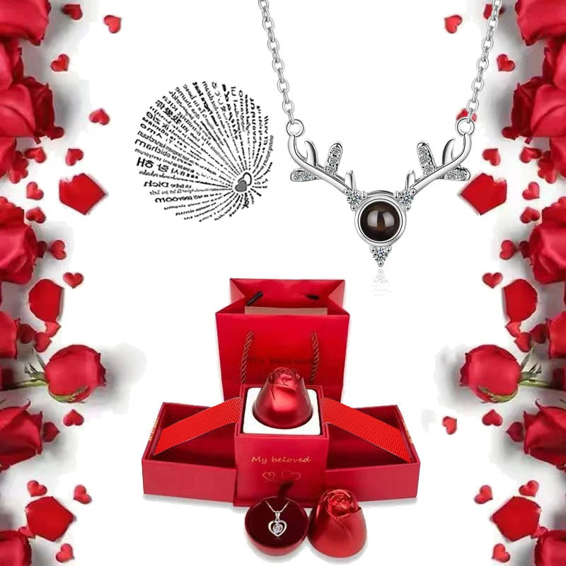 I Love You Necklace with Roses Gift Box