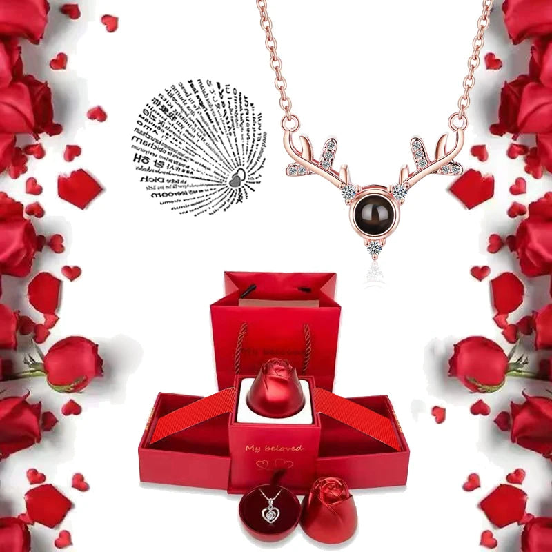 I Love You Necklace with Roses Gift Box