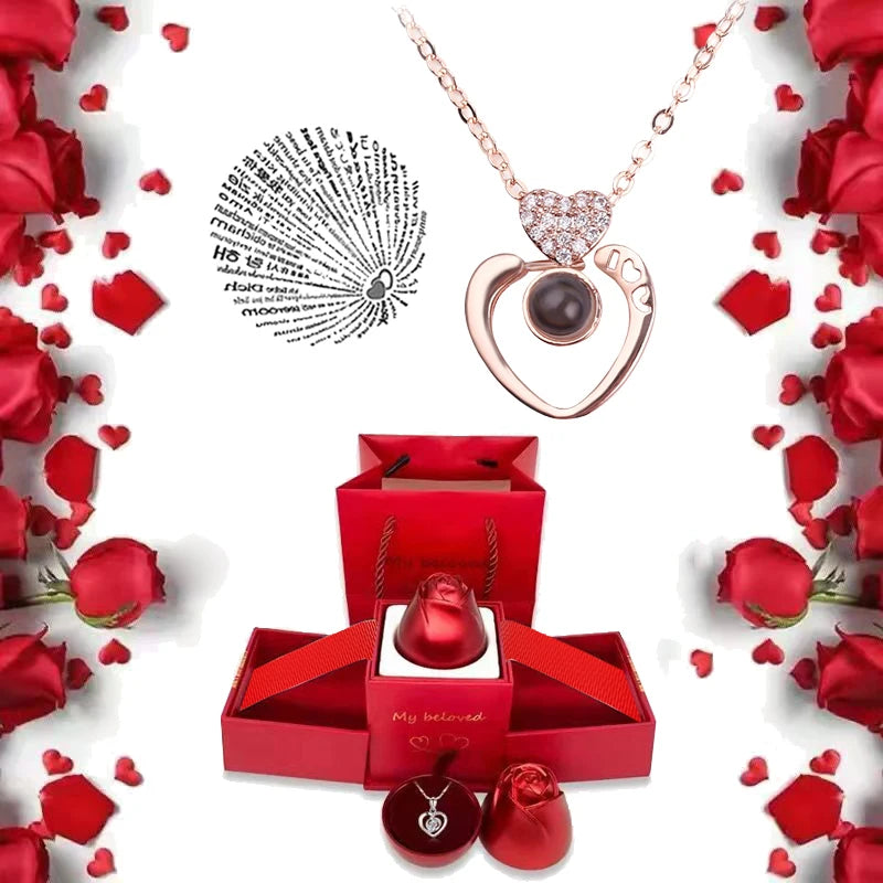 I Love You Necklace with Roses Gift Box