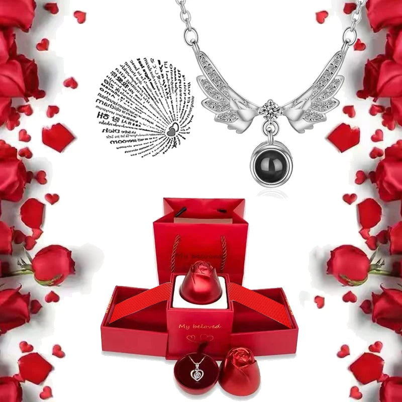 I Love You Necklace with Roses Gift Box