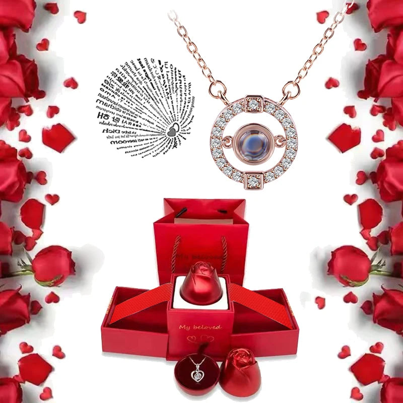 I Love You Necklace with Roses Gift Box
